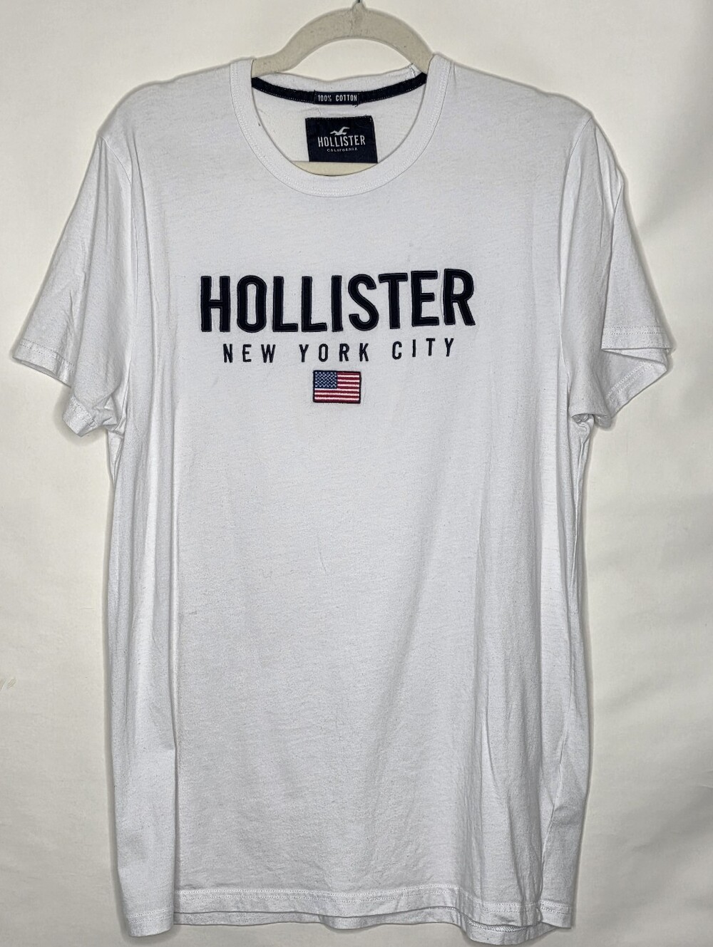 Hollister Embroidered New York City Top Size L Spellout Cotton T-Shirt Flag